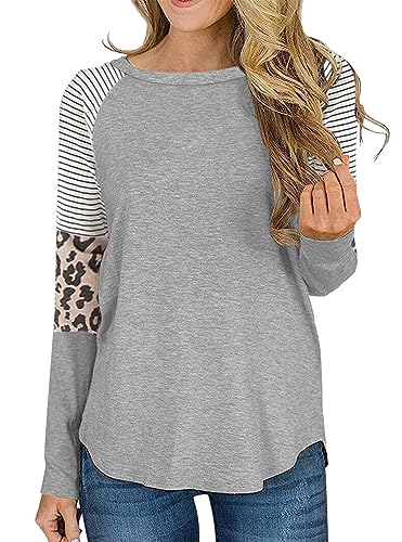 Women's Fall Fashion Clothes Casual Animal Print Long Sleeve Blouse Shirts Tops L, Grey
