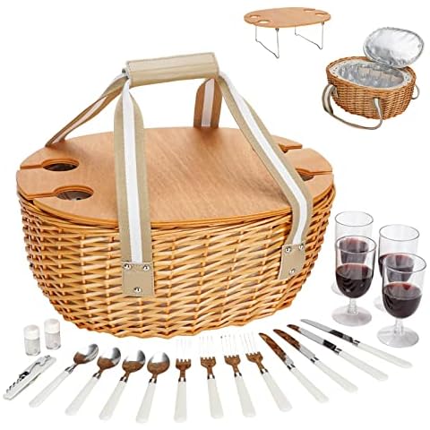 STBoo Picnic Basket for 4, Insulated Wicker Hamper with Folding Table, Willow Picnic Baskets Set with Large Insulated Cooler Bag for Camping Outdoor(Beige) Cover