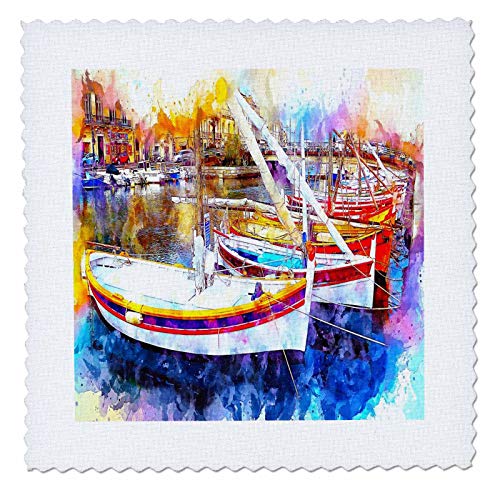 6x6 inch Quilt Square - Image of Beautiful Colored Painting of Sailboats and Stores Lens Art by Florene - Watercolor Art