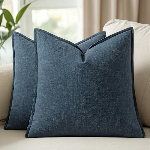 Image of 18x18 Inch Set of 2 Decorative Linen Solid Throw Pillow Covers Boho Accent Farmhouse Couch Pillowcases Modern Netural Home Decor for Couch Sofa Living Room Bed,Navy Blue