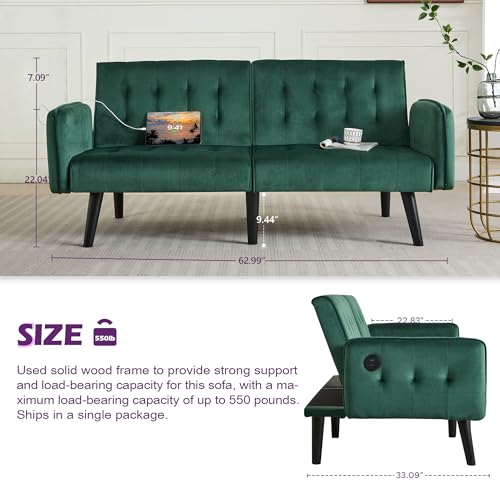 Image of TYBOATLE 65 inch W Velvet Modern Convertible Folding Futon Couch Sofa Bed w / 2 USB Charging Ports and arms, Loveseat for Living Room, Office, Apartment, Bedroom (Green)