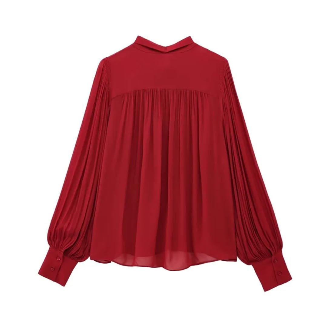 Elegancka bluzka damska z długim rękawem vintage bluzka czerwona kokardka bluzka, Czerwony, S