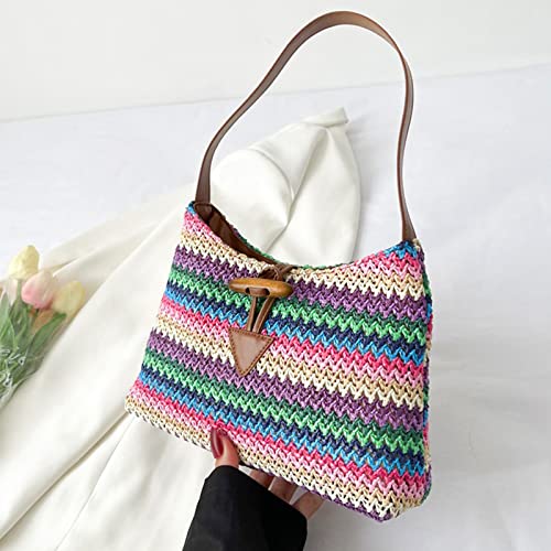 Straw Bag for Women,Shoulder bag, Bohemian underarm bag, Colorful Hand-Woven Patchwork Leather Shoulder Strap, Beach Bag Suitable for Beach, Travel, Daily Matching (Pink)4