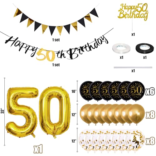 Image of Jobkoo 50th Birthday Decorations Men, 50th Birthday Black Gold Latex Balloons Black Happy 50th Banners 50 Cake Toppers 50 Balloon for Him Women 50 Year Old Party Decoration
