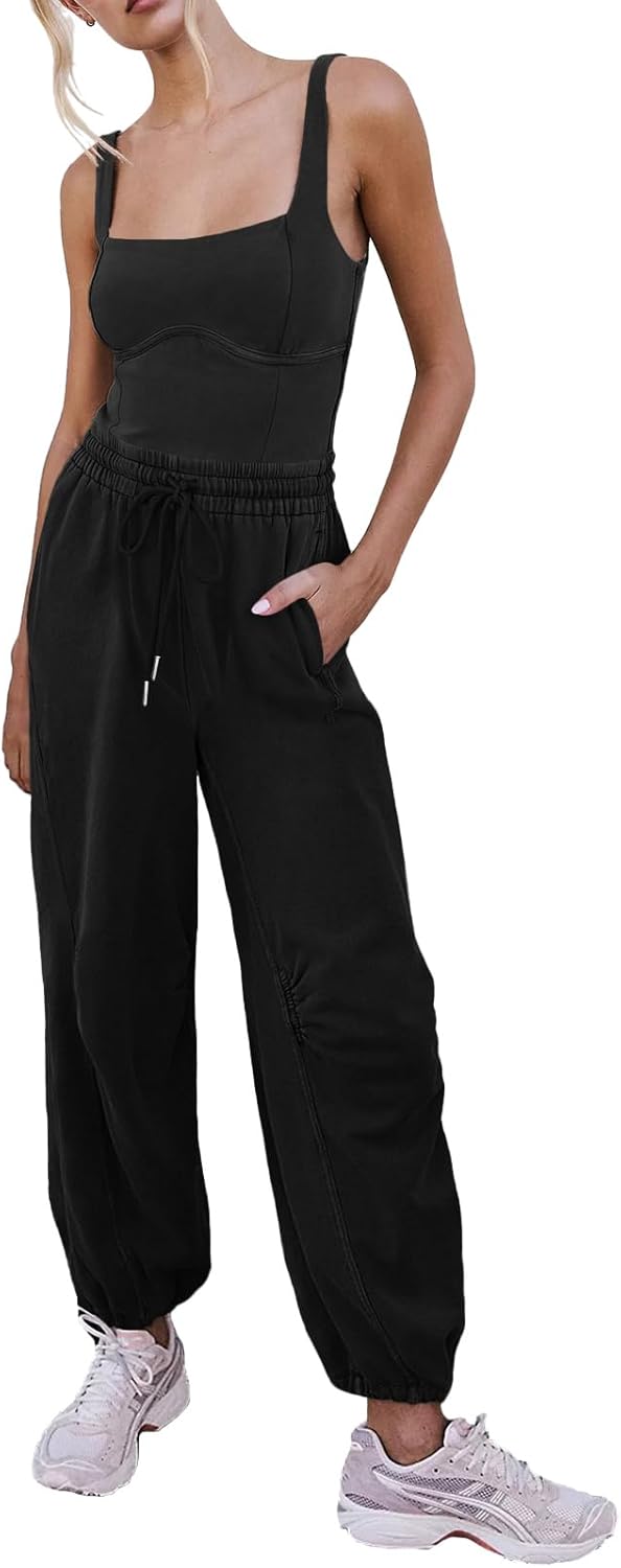 Outfeel Women's Sleeveless Summer Jumpsuit Square Neck Drawstring Waist Long Romper Jumpers 2026 with Pockets