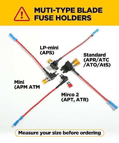 YAKEFLY 12 Pack Fuse Taps Set,4 Types 12V Car Add-a-Circuit Adapter and Fuse Kit,Mini Automotive Fuse Connector ATC ATS Blade Fuse Holder with MICRO2,Mini Low Profile Tap Adapter for Cars Trucks Boats