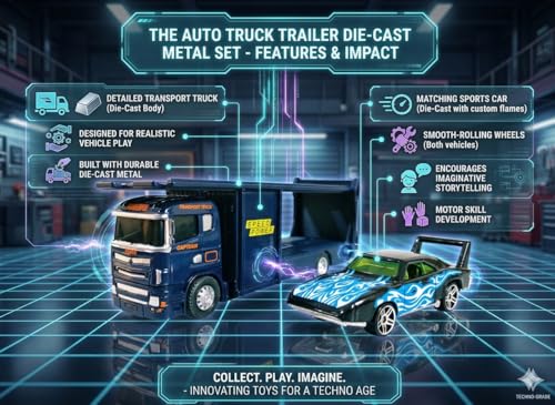 Image of Die Cast Transport Truck with Sports Car for Toddlers | Kids Trailer Toy with Mini Racing Car | Metal Carrier Vehicle for Boys and Girls 3+ Years | Friction Powered Transporter Toys (Blue)
