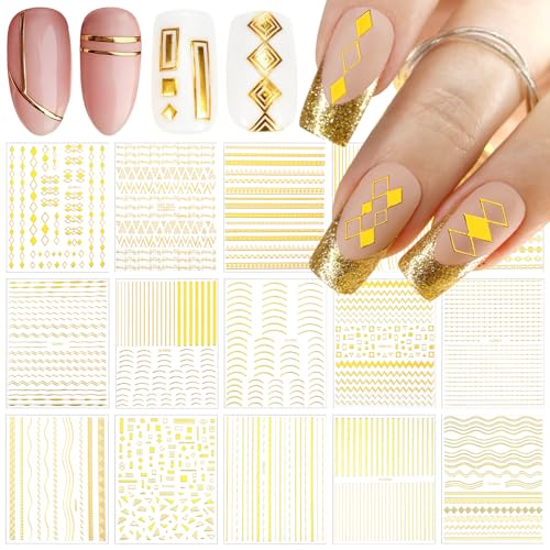 Kifmurase 15Pcs Gold Lines Nail Art Stickers Decals 3D Golden