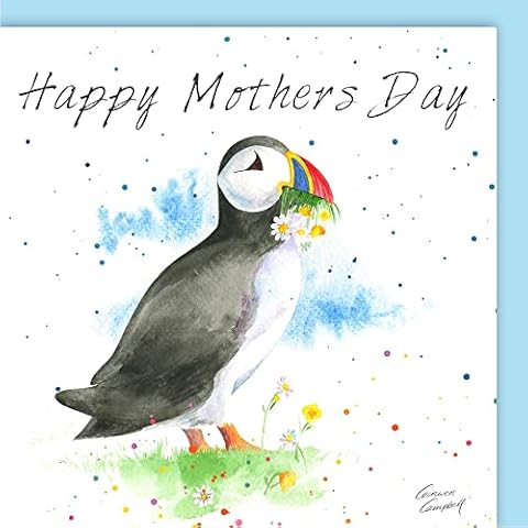 Puffin Mother’s Day Blank Card with Flowers Cover
