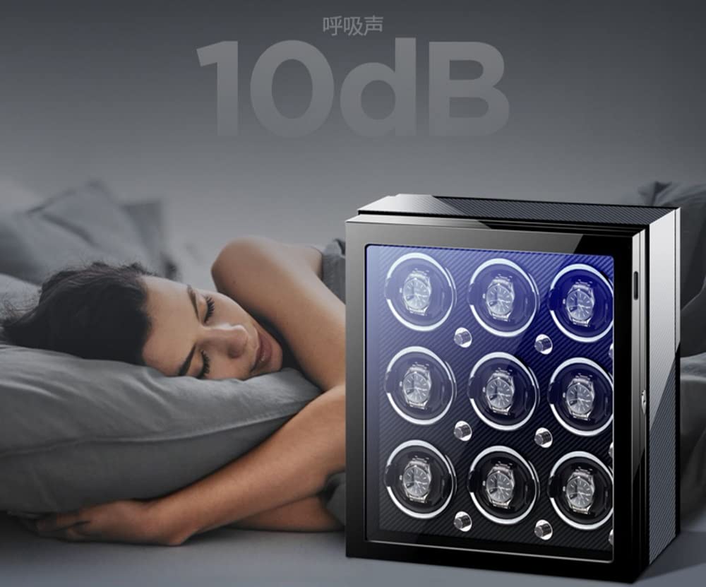 Scatola Carica Orologi per Orologi Automatici da 4, 6 o 9 Pollici con Luce LED e Motore Silenzioso, espositore per Orologi da Polso in Legno con Finitura Laccata pianofor，Black-2+0