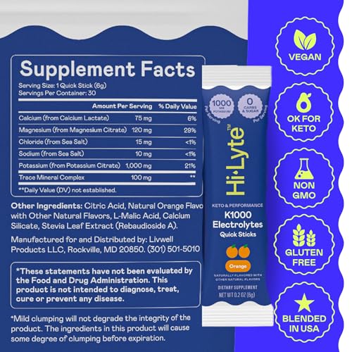 Image of Hi-Lyte K1000 Electrolytes Powder Packets Orange, 30 Servings - 1000mg Potassium + Magnesium, Sodium, Trace Minerals - 0 Carbs, 0 Sugar