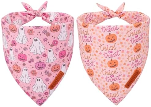 ADOGGYGO Halloween Dog Bandana, Pink Pumpkin Ghost Scarf, Adjustable Fit Female Halloween Bandanas for Small Dogs Puppies (Small)