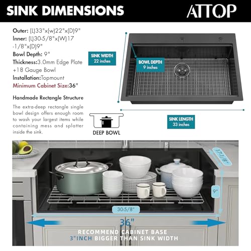 ATTOP 33 Inch Black Large Single Bowl Drop in Workstation Kitchen Sink by ATTOP - Used condition - Image 2