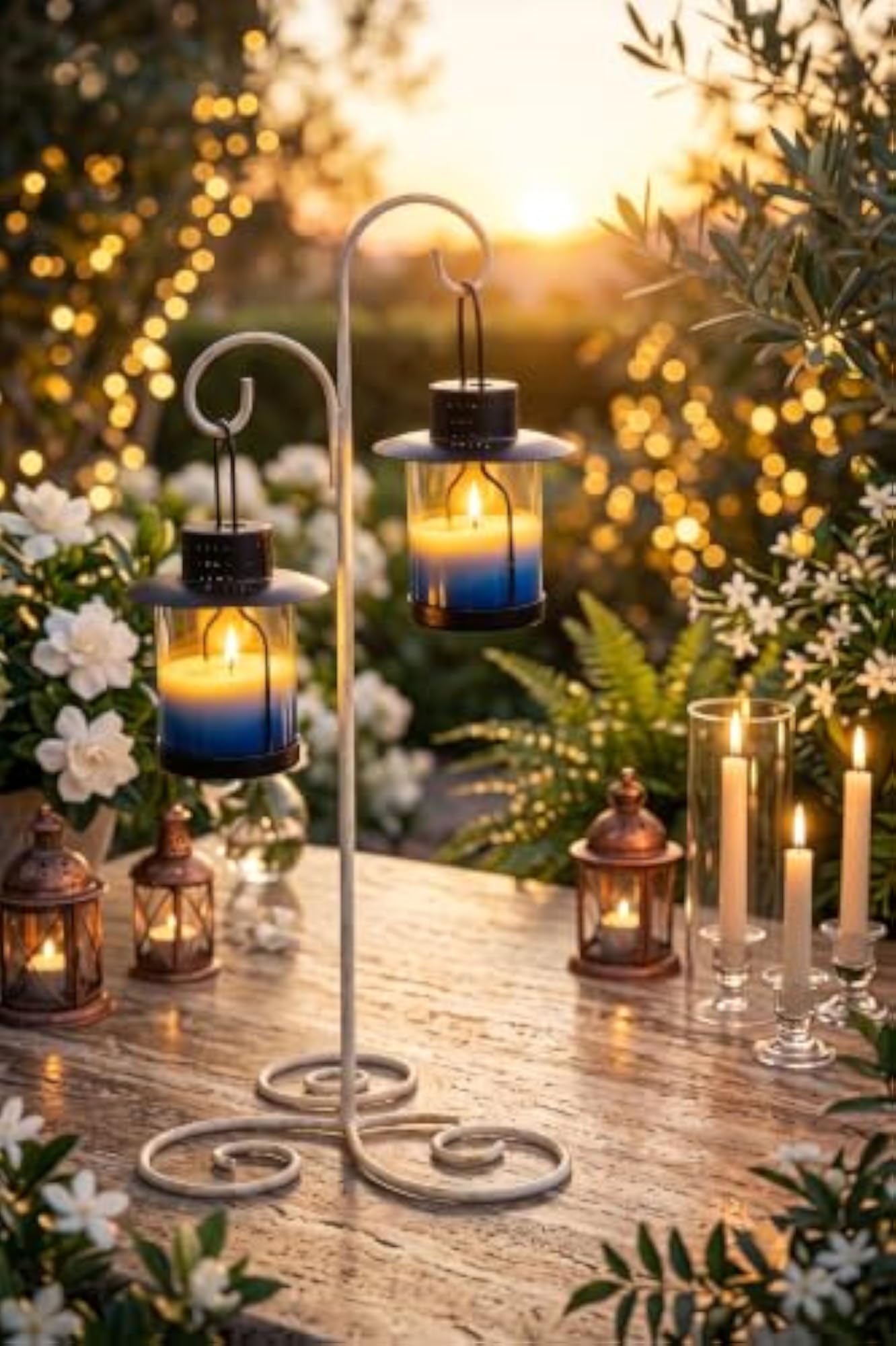 Decorative Double Hanging Lantern Hook Stand, White