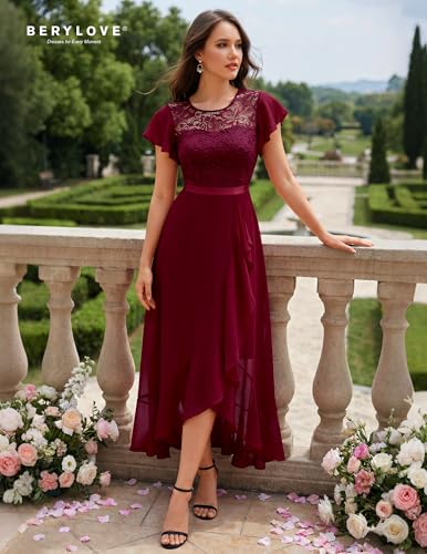 Image of BeryLove Formal Long Dresses for Women Wedding Guest Cocktail Bridesmaid | Airy Lace & Chiffon Evening Gown, Flutter Sleeve, Ideal for Mother of the Bride, Prom, Homecoming Party & Semi-Foraml Events