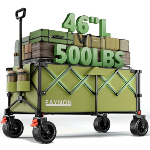 Image of 46 inch L Collapsible Foldable Extended Wagon, 500LB Weight Capacity with 280L Heavy Duty Folding Cart,Utility Wagon with All-Terrain Beach Wheel & Drink Holders,Green