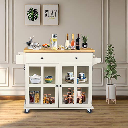LAZZO Kitchen Island on Wheels Rolling, Home Kitchen Cart with Pine Countertop, Large Storage Trolley Cart with Cabinet, Drawer, Spice Rack, Towel Rack&Handle,Store Dining Utensils&Tableware (Beige) - Thumbnail 5