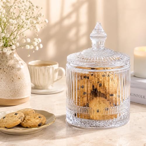Image of bellemax 370 ML Ribbed Glass Candy Jar with Lid | Transparent Decorative Storage Container for Candy, Cookies, Chocolates, Dry Fruits & Snacks | Elegant Kitchen & Dining Organizer | Pack of 1