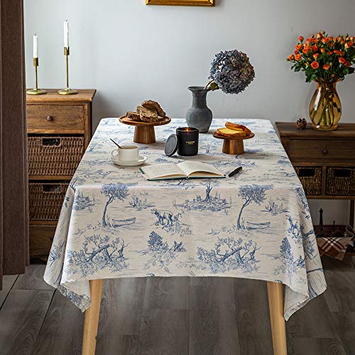 Rustic Classic French Village Printed Blue Linen Tablecloth for Kitchen Dining 55x84 Inches Rectangle/Oblong Farmhouse Decoration