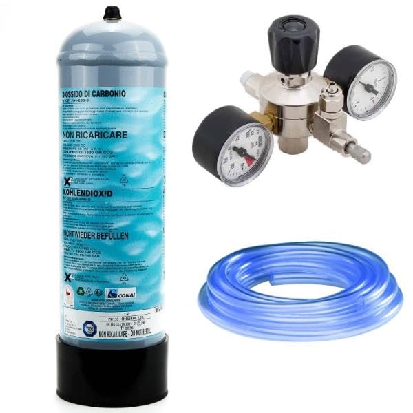 Kit impianto acquario: bombola CO2 1300 gr. M10x1 con piedino + riduttore di pressione a 2 manometri + tubo