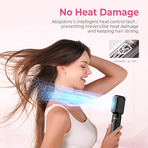 Image of Atopskins 6 in 1 Hair Dryer Brush Hot Air Styler Detachable for Travel, Blow Dryer 3 Heat Settings to Straighten, Auto Curl, Volumize Home Salon Results Frizz-Free Shine All Hair Types (Black1)