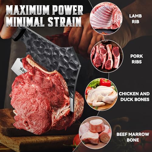 Image of Huusk Meat Cleaver Knife Heavy Duty Bone Chopper, Hand Forged Kitchen Axe with Sheath, Full Tang Bone Chopping Knife, Japanese Butcher Knife for Meat Cutting, Fathers Day Gift Idea for Men Dad