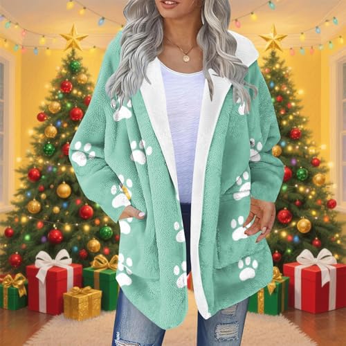 NZYIHAO Plüschjacke Damen Hundepfote Druck Winterjacke Warm Fleecejacke Kapuze Teddyjacke Lockere Übergangsjacke Fleece Strickjacke Winter Kapuzenjacke Teddy Wintermantel Open Front Fleecemantel
