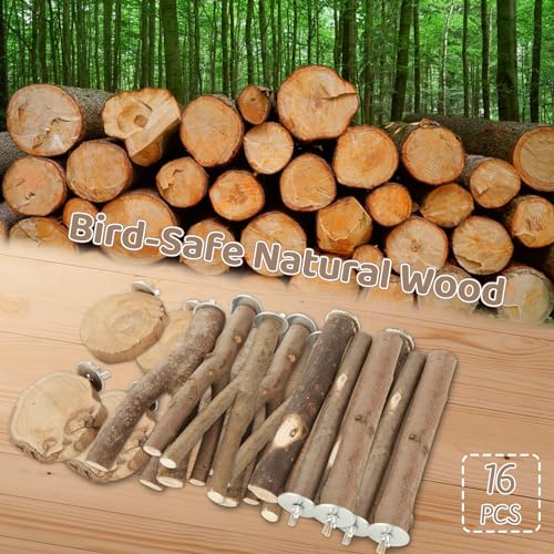 Image of 16 PCS Natural Wood Bird Perch Wooden Parrot Perch Stand Bird Cage Branches Bird Cage Accessories for Parakeets Cockatiels Parrotlets Budgies Conures Macaws Love Birds