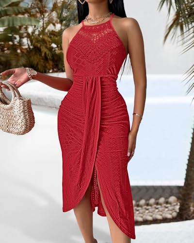 Image of CHICME Womens Summer Halter Dress Hollow Out A Line Vacation Dress