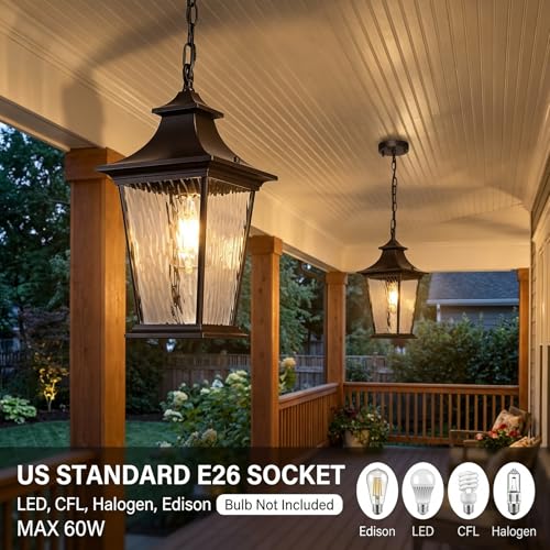 Image of 16.4 Inch Black Hanging Porch Lights Outdoor Waterproof Aluminum Outdoor Pendant Light Dusk to Dawn Exterior Hanging Light Fixture for Gazebo E26 Socket