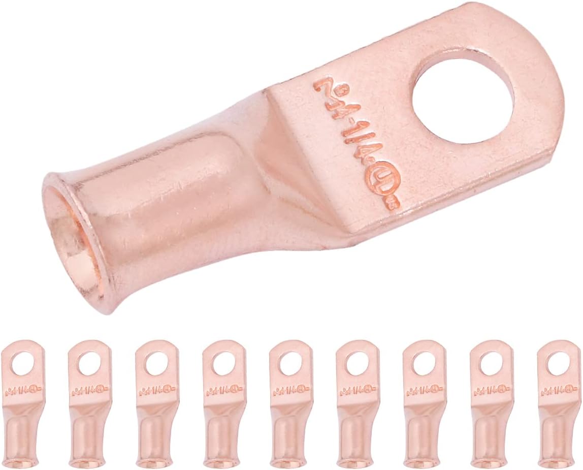 SELTERM 10pcs 4 AWG - 1/4" Stud - Battery Lugs, Heavy Duty Wire Lugs, Ring Terminals, Battery Cable Ends,4 Guage Terminals, UL Bare Copper Eyelets Electrical Battery Terminal Connectors