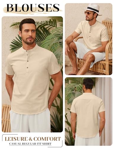 Vijamiy Camiseta Lino Hombre Camisas Manga Corta Verano Casual Camisas Elegante Algodón con Botónes Shirt Regular Fit(Beige,XL)