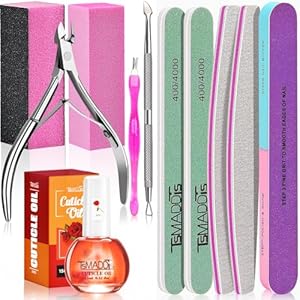 TsMADDTs Manicure Tools Kit Nail Care Kit with 3PCS Files, 2PCS Buffer Blocks, 2PCS Polishing Buffers, Cuticle Nipper, Pusher and Cuticle Oil