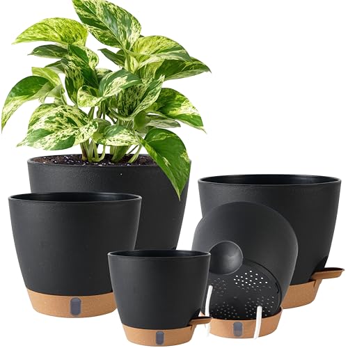 Fielda Self Watering Pots for Inoor Ourdoor Plants 8/7/6.5/6/5 Inch Plastic Planters with Drainage Holes & Water Level Indicator, Decorative House Flower Nursery Planting Pots with Saucers (Black)