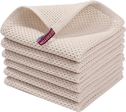Image of Kitchen Cotton Lint Free Waffle Weave Hand Towels, Quick Drying Dish Cloths, Highly Absorbent Dish Rags Tea Towels Set with Hanging Loop, 13.4 inchx 13.4 inch, Biege, Pack of 6