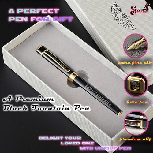 Image of Success Stationery Hero Pen Original Fountain Pen for Men Extra Fine Nib Ink Pen Black Colour Cap and Body Gold Trim Luxury Pen 979 Gift Set with Box