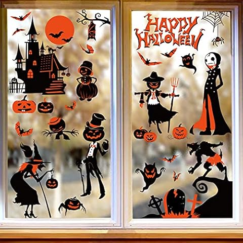 Waldeal 9 Sheets 72Pcs Halloween Window Clings, Double Sided Pumpkin Ghost Witch Bat Removable Window Static Stickers with PVC for Halloween Party Decoration Cover