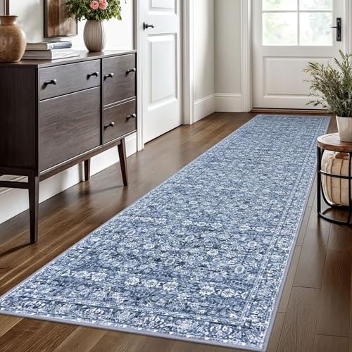 2.6x10 Blue Washable Runner Rug for Kitchen, Soft Classic Runner with Non-Slip, Non-Shedding Distressed Floral Rug for Hallways Entryway Bedroom Bathroom Laundry Indoor