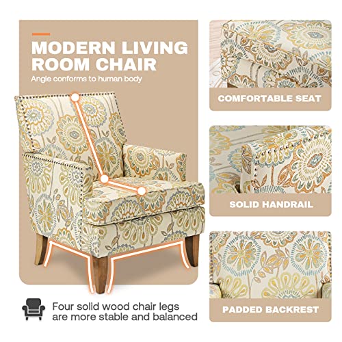 Sillón con respaldo ala floral color beige amarillo miniatura 6