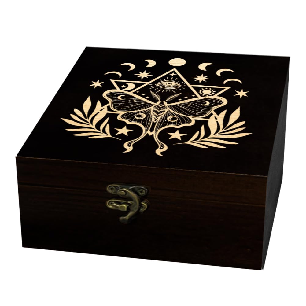 arricraft 1 Pc Wooden Keepsake Storage Box, Eye of Nightmare Olive Leaves Engraving Pattern Square Pine Box for Anniversary Jewelry Board Storage (4.72x4.72x2.36 Inch)