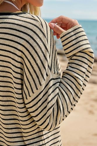 Arach&Cloz Women's Linen Blend Striped Beach Cover Up Summer Long Sleeve Shirts Boat Neck Off The Shoulder Casual Lightweight Oversized Trendy Anthropologie Capsule Wardrobe Tops 2026 Apricot Black M