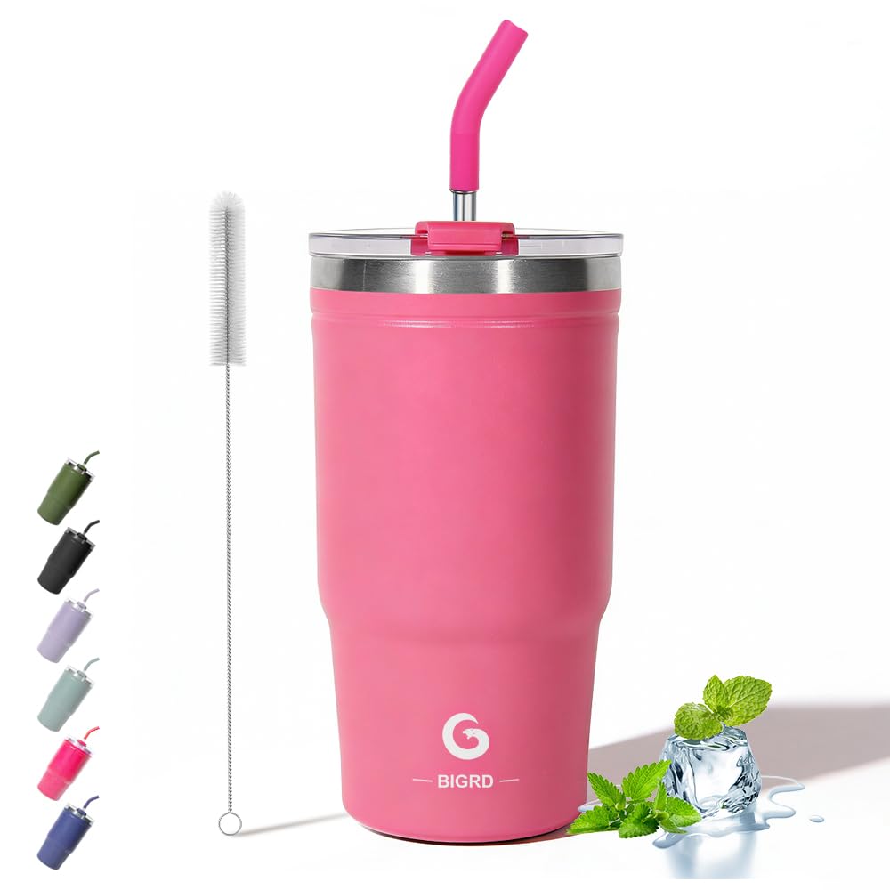 BIGRD 20oz Insulated Coffee Cup Travel Mug with Straw and Lid 591ml,Leak Proof Stainless Steel Office Water Bottle Keeps Cold and Hot for 8 Hours,Rose Pink