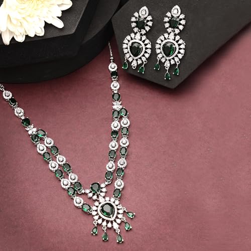 Image of ZENEME Rhodium-Plated American Diamond Studded Star Shaped Layered Necklace With Earrings Jewellery Set For Girls and Women