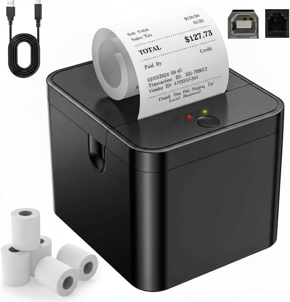 Portable Thermal Printer, Bluetooth Receipt Printer, 58mm Thermal Receipt Printer USB, 5 Rolls, Compatible with iOS/Android/Windows, Black Bluetooth Printer
