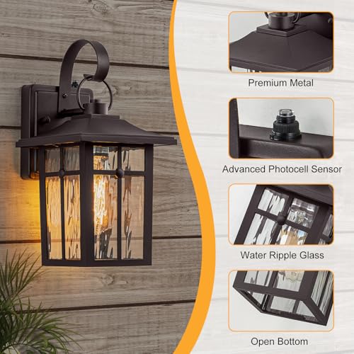 Image of 2 Pack Dusk to Dawn Outdoor Wall Lights, Brown Porch Lanterns | Aluminum Garage Light, Ripple Glass, Weather Resistant, For Garage Patio Entryway