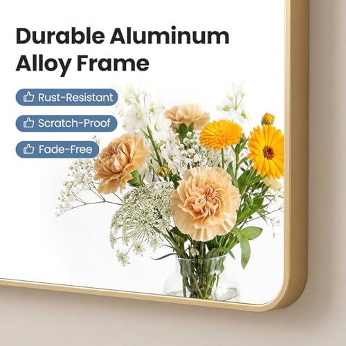 Image of NEWBULIG 24X36 Inch Bathroom Mirror, Rectangle Wall Mirror with Rounded Corners, Gold Vanity Mirrors for Bathroom Sink with Metal Frame for Bedroom, Entryway, Hangs Horizontally or Vertically