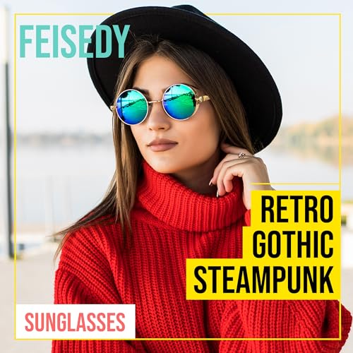 FEISEDY Retro Gothic Steampunk Sunglasses Round Metal Frame Punk Circle Inspired Shade Men B18572