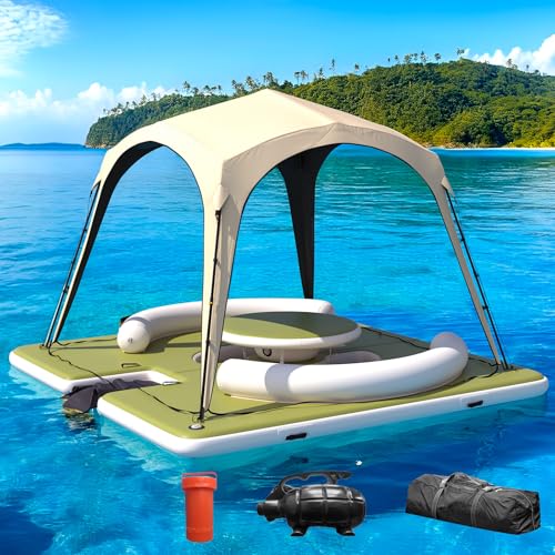 Danrelax Premium Floating Dock Lounge with Canopy, 11.15ft x 11.15ft Inflatable Water Platform with Ladder, Double Seats, Table & Sunshade, Heavy-Duty PVC for Pool, Lake, Beach