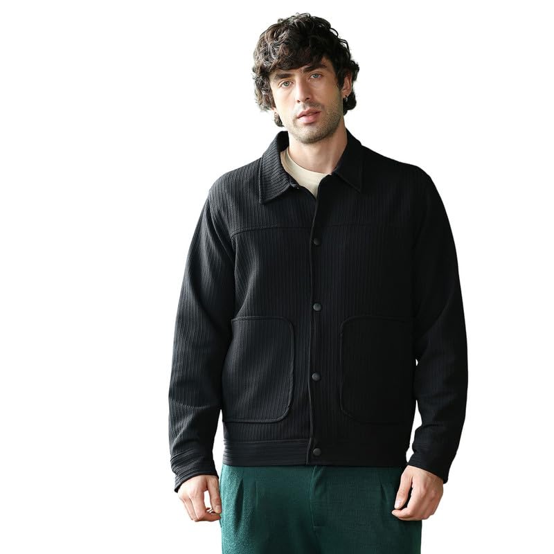 Campus Sutra Campus Sutra Men Crease-Tactile Panelled Jacket, Point Collar, Long Button-Cuff Sleeves, Snap Button, Band-Straight Hem, Solid Textured, Woven Fabric For Casual, Onyx Black in black