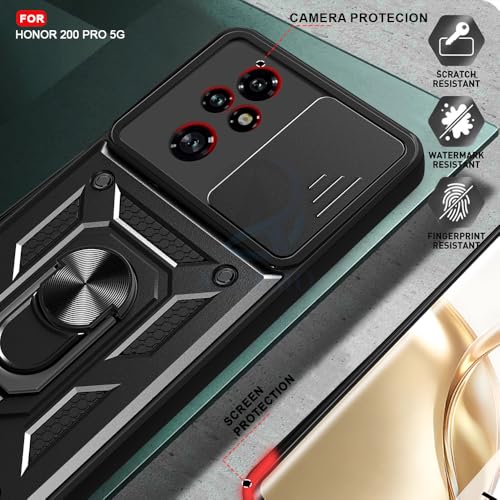 Image of AESTMO Tough Armor Honor 200 Pro 5G Bumper Back Case Cover | Ring Holder & Sliding Camera Shield Cover | 360 Degree Protection Back Case Cover for Honor 200 Pro (Black)
